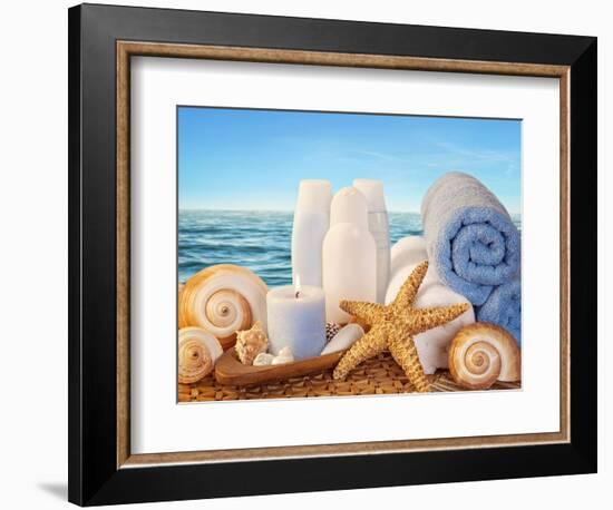 Spa Elements with White Towels,Candle and Brown Bottles-egal-Framed Photographic Print