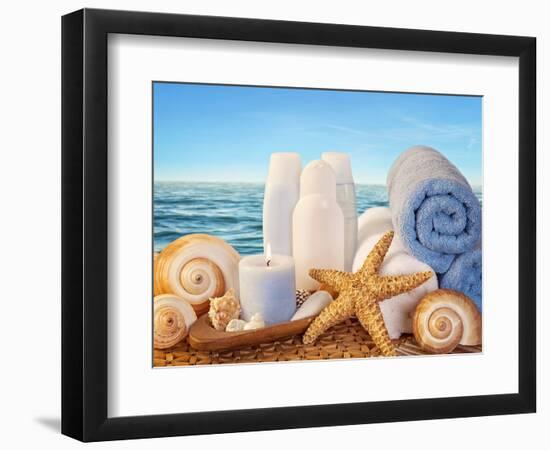 Spa Elements with White Towels,Candle and Brown Bottles-egal-Framed Photographic Print