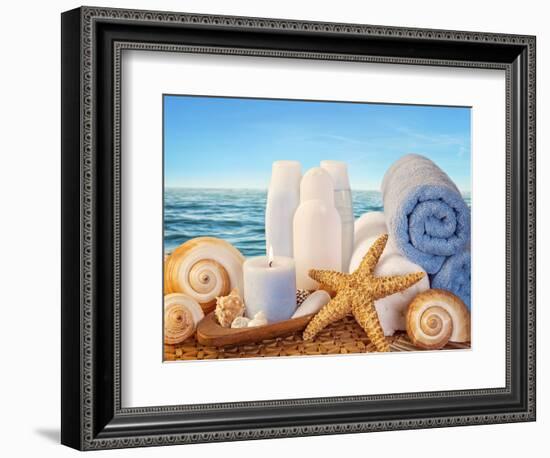 Spa Elements with White Towels,Candle and Brown Bottles-egal-Framed Photographic Print