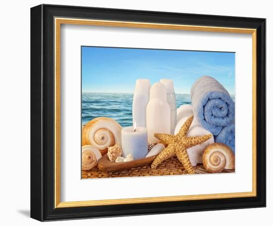 Spa Elements with White Towels,Candle and Brown Bottles-egal-Framed Photographic Print