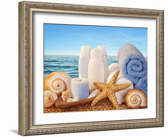 Spa Elements with White Towels,Candle and Brown Bottles-egal-Framed Photographic Print