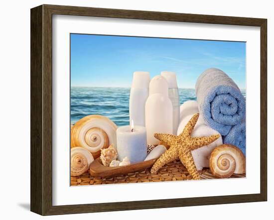 Spa Elements with White Towels,Candle and Brown Bottles-egal-Framed Photographic Print