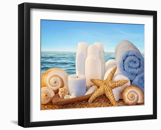 Spa Elements with White Towels,Candle and Brown Bottles-egal-Framed Photographic Print