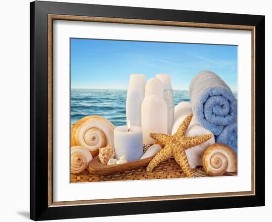 Spa Elements with White Towels,Candle and Brown Bottles-egal-Framed Photographic Print