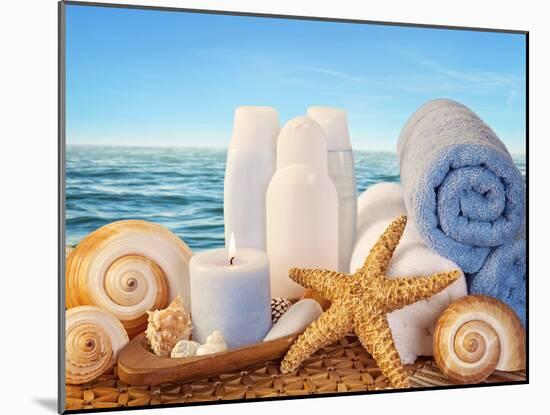 Spa Elements with White Towels,Candle and Brown Bottles-egal-Mounted Photographic Print