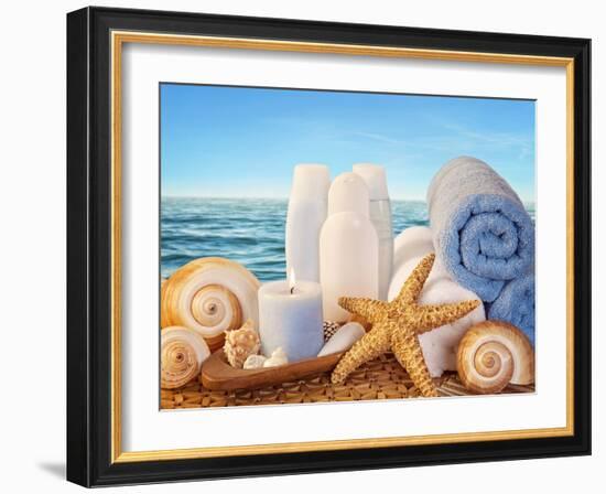 Spa Elements with White Towels,Candle and Brown Bottles-egal-Framed Photographic Print