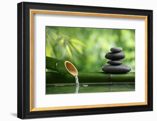 Spa Still Life With Bamboo Fountain And Zen Stone-Liang Zhang-Framed Premium Photographic Print