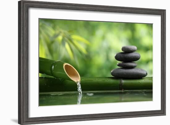 Spa Still Life With Bamboo Fountain And Zen Stone-Liang Zhang-Framed Photographic Print