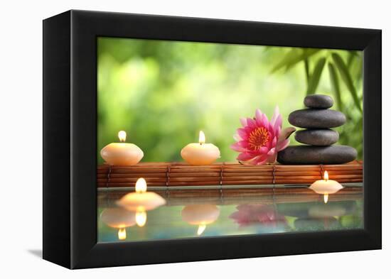 Spa Still Life with Burning Candles,Zen Stone and Bamboo Mat Reflected in a Serenity Pool-Sofiaworld-Framed Premier Image Canvas