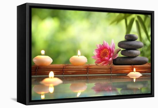 Spa Still Life with Burning Candles,Zen Stone and Bamboo Mat Reflected in a Serenity Pool-Sofiaworld-Framed Premier Image Canvas