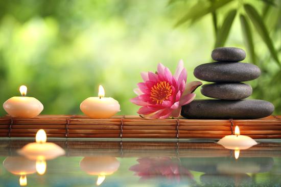 Spa Still Life With Burning Candles Zen Stone And Bamboo Mat Reflected In A Serenity Pool Photographic Print Sofiaworld Art Com