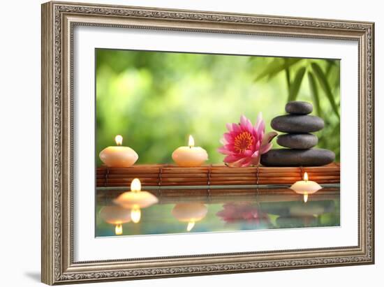 Spa Still Life with Burning Candles,Zen Stone and Bamboo Mat Reflected in a Serenity Pool-Sofiaworld-Framed Photographic Print