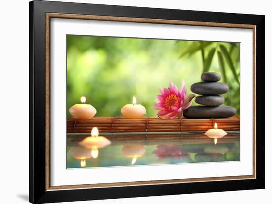 Spa Still Life with Burning Candles,Zen Stone and Bamboo Mat Reflected in a Serenity Pool-Sofiaworld-Framed Photographic Print