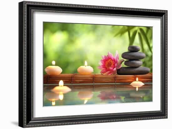 Spa Still Life with Burning Candles,Zen Stone and Bamboo Mat Reflected in a Serenity Pool-Sofiaworld-Framed Photographic Print