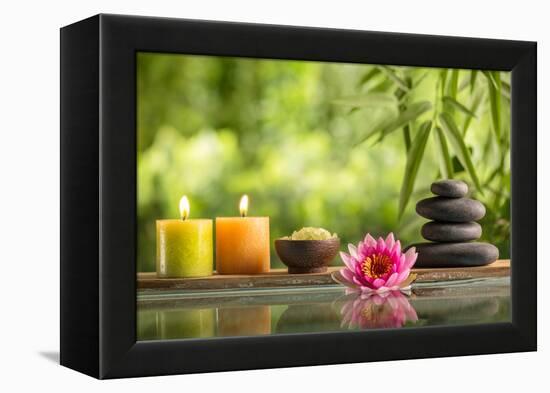Spa Still Life with Burning Candles,Zen Stone and Salt Reflected in a Serenity Pool-Sofiaworld-Framed Premier Image Canvas
