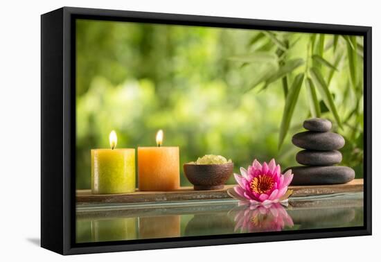 Spa Still Life with Burning Candles,Zen Stone and Salt Reflected in a Serenity Pool-Sofiaworld-Framed Premier Image Canvas