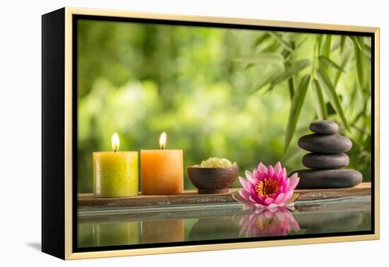 Spa Still Life with Burning Candles,Zen Stone and Salt Reflected in a Serenity Pool-Sofiaworld-Framed Premier Image Canvas