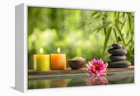 Spa Still Life with Burning Candles,Zen Stone and Salt Reflected in a Serenity Pool-Sofiaworld-Framed Premier Image Canvas