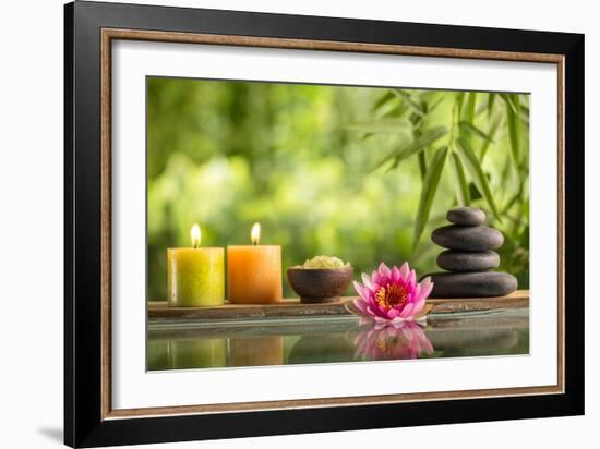 Spa Still Life with Burning Candles,Zen Stone and Salt Reflected in a Serenity Pool-Sofiaworld-Framed Photographic Print