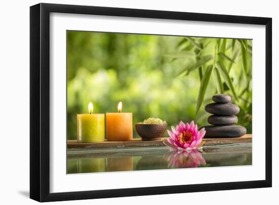 Spa Still Life with Burning Candles,Zen Stone and Salt Reflected in a Serenity Pool-Sofiaworld-Framed Photographic Print