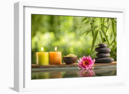 Spa Still Life with Burning Candles,Zen Stone and Salt Reflected in a Serenity Pool-Sofiaworld-Framed Photographic Print