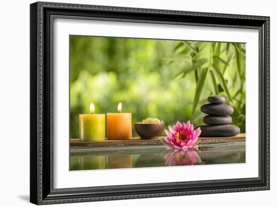 Spa Still Life with Burning Candles,Zen Stone and Salt Reflected in a Serenity Pool-Sofiaworld-Framed Photographic Print