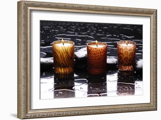 Spa Still Life with Candle Perfect Flames in Water Drops-crystalfoto-Framed Photographic Print