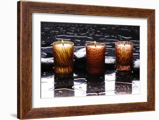 Spa Still Life with Candle Perfect Flames in Water Drops-crystalfoto-Framed Photographic Print