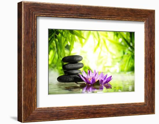 Spa Still Life with Lotus and Zen Stone on Water,Bamboo Background.-Liang Zhang-Framed Photographic Print