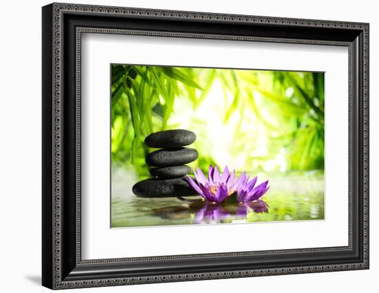 Spa Still Life with Lotus and Zen Stone on Water,Bamboo Background.-Liang Zhang-Framed Photographic Print