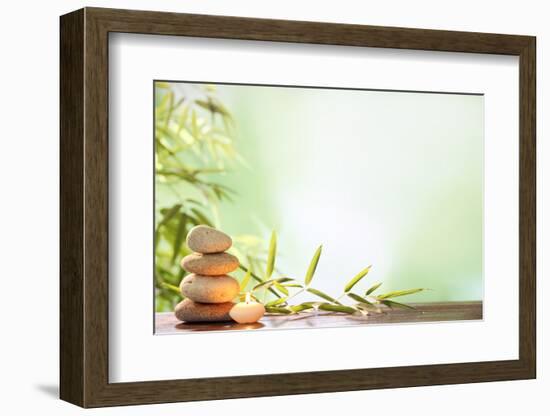 Spa Still Life with Stacked of Stone,Burning Candle and Bamboo Leaf-Liang Zhang-Framed Photographic Print