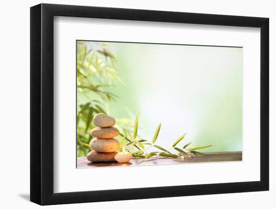 Spa Still Life with Stacked of Stone,Burning Candle and Bamboo Leaf-Liang Zhang-Framed Photographic Print