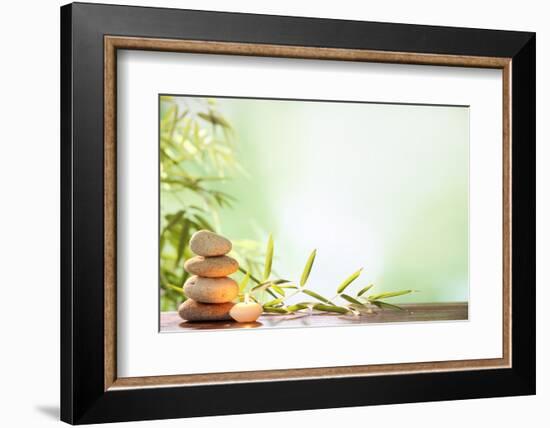 Spa Still Life with Stacked of Stone,Burning Candle and Bamboo Leaf-Liang Zhang-Framed Photographic Print