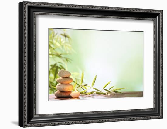 Spa Still Life with Stacked of Stone,Burning Candle and Bamboo Leaf-Liang Zhang-Framed Photographic Print