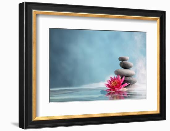 Spa Still Life with Water Lily and Zen Stone in a Serenity Pool-Sofiaworld-Framed Photographic Print