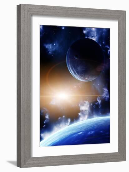 Space Flare. A Beautiful Space Scene With Planets And Nebula-frenta-Framed Art Print