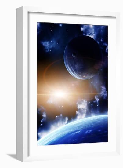 Space Flare. A Beautiful Space Scene With Planets And Nebula-frenta-Framed Art Print