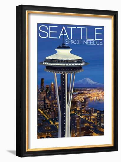 Space Needle Aerial View - Seattle, WA-Lantern Press-Framed Art Print