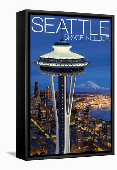 Space Needle Aerial View - Seattle, WA-Lantern Press-Framed Stretched Canvas