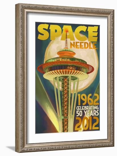 Space Needle and Full Moon - Seattle, WA-Lantern Press-Framed Art Print