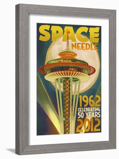 Space Needle and Full Moon - Seattle, WA-Lantern Press-Framed Art Print