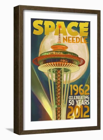 Space Needle and Full Moon - Seattle, WA-Lantern Press-Framed Art Print