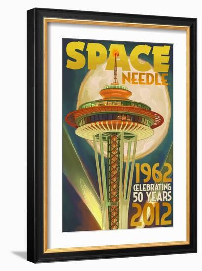 Space Needle and Full Moon - Seattle, WA-Lantern Press-Framed Art Print