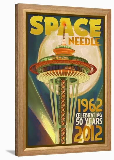 Space Needle and Full Moon - Seattle, WA-Lantern Press-Framed Stretched Canvas