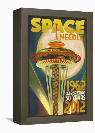 Space Needle and Full Moon - Seattle, WA-Lantern Press-Framed Stretched Canvas