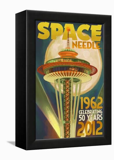 Space Needle and Full Moon - Seattle, WA-Lantern Press-Framed Stretched Canvas