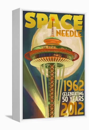 Space Needle and Full Moon - Seattle, WA-Lantern Press-Framed Stretched Canvas