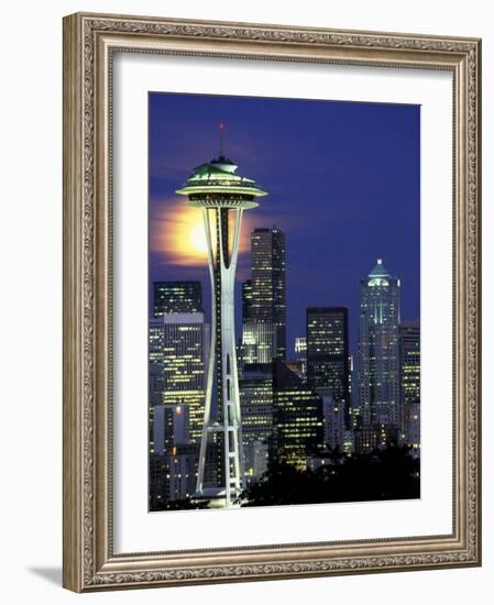 Space Needle and Full Moon, Seattle, Washington, USA-William Sutton-Framed Photographic Print