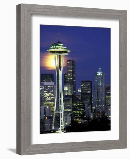 Space Needle and Full Moon, Seattle, Washington, USA-William Sutton-Framed Photographic Print