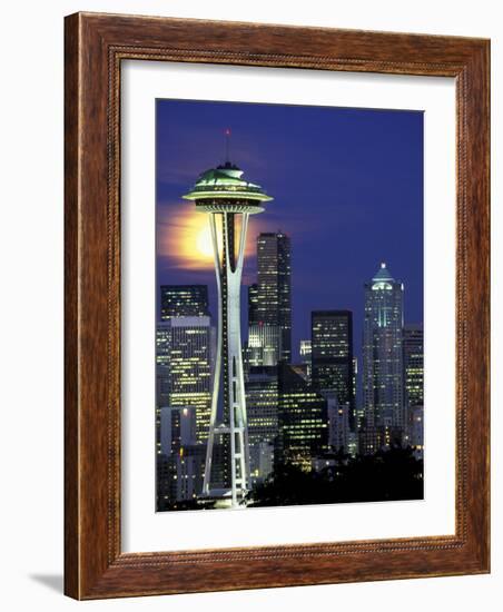 Space Needle and Full Moon, Seattle, Washington, USA-William Sutton-Framed Photographic Print